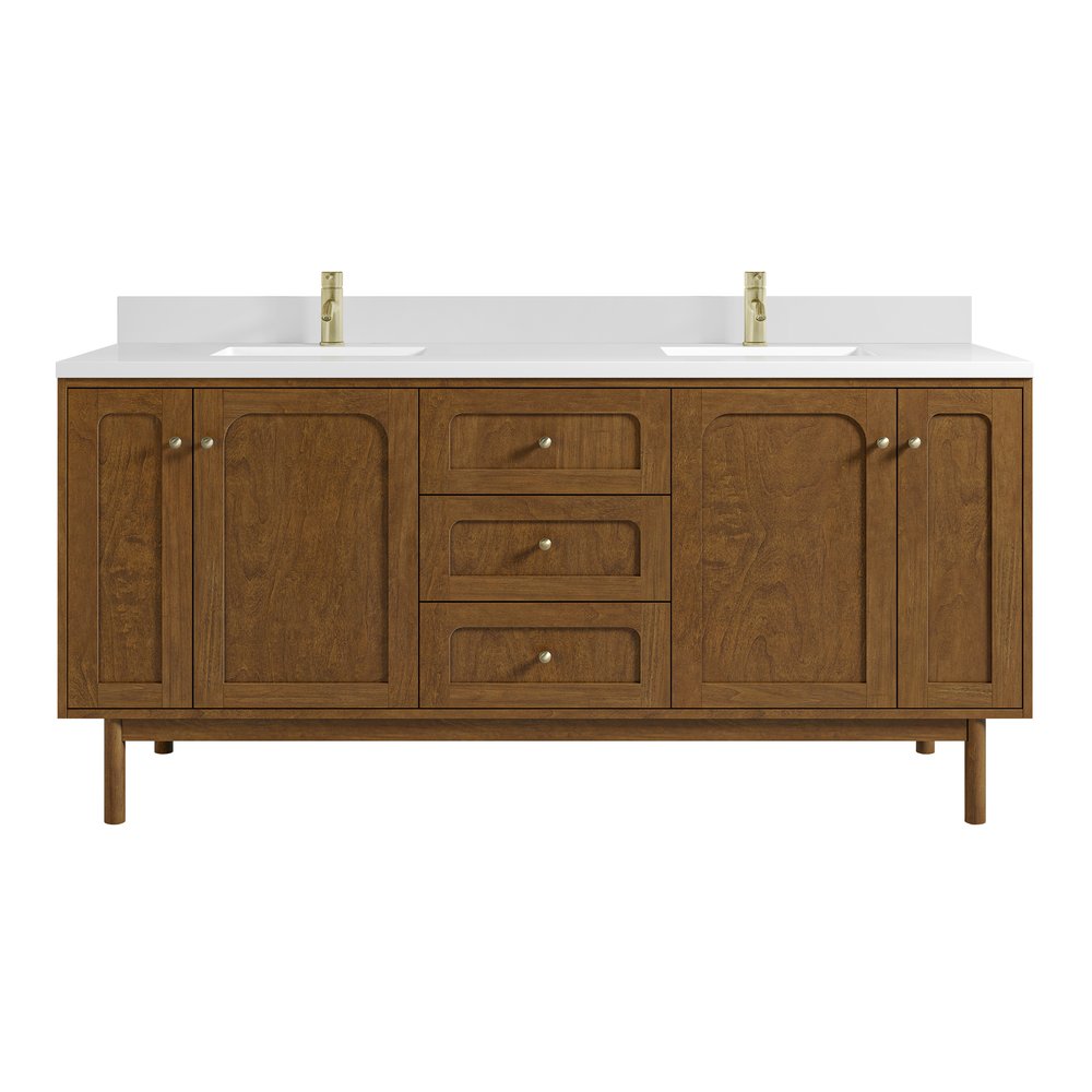 James Martin - Laurent 72" Double Vanity, Honey Oak w/ Single Hole 3 CM White Zeus Silestone Top and Matching Backsplash - 545-V72-HNO-1WZ view 2