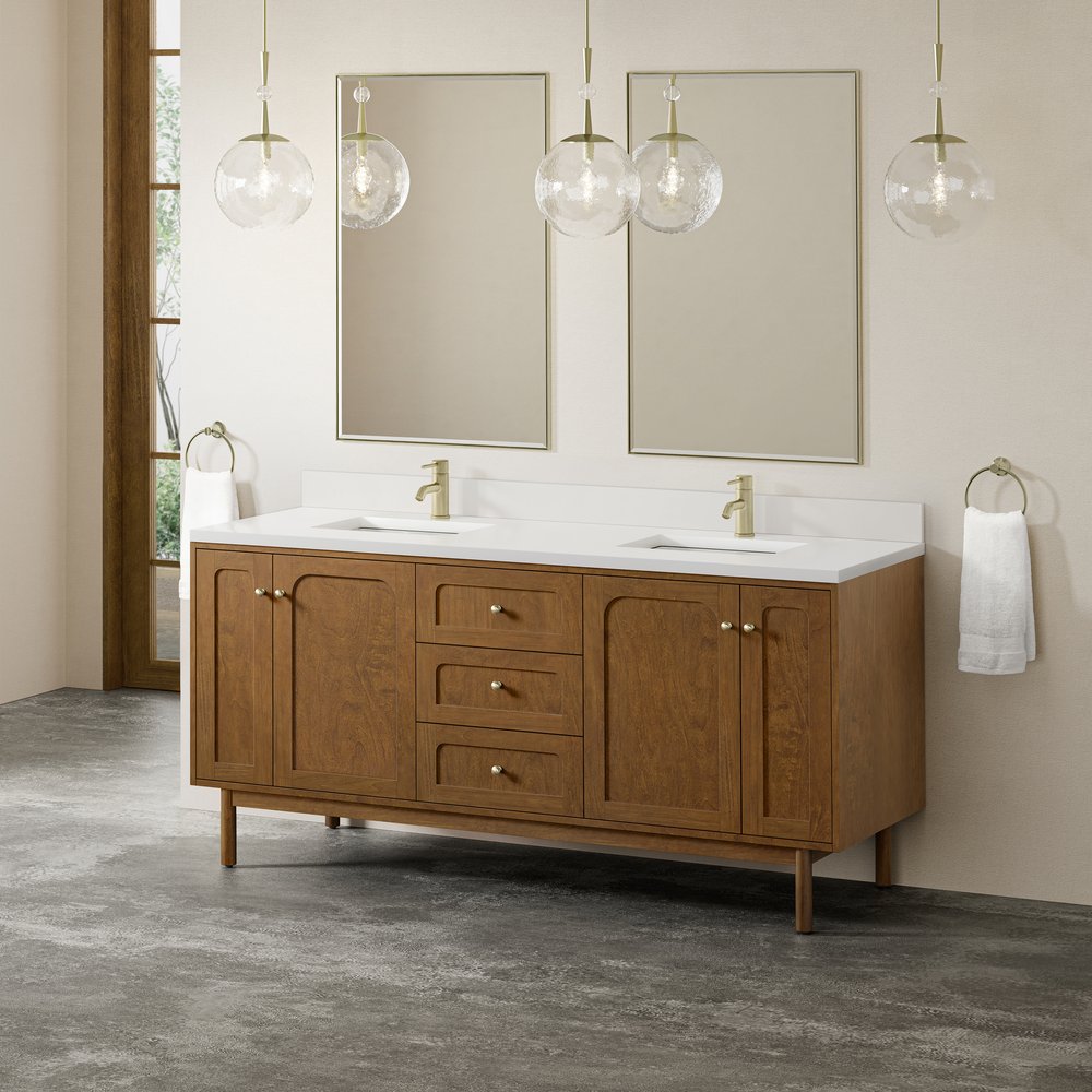 James Martin - Laurent 72" Double Vanity, Honey Oak w/ Single Hole 3 CM White Zeus Silestone Top and Matching Backsplash - 545-V72-HNO-1WZ view 7