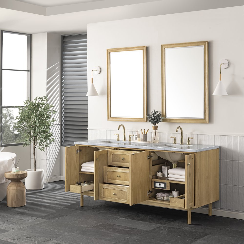 James Martin - Laurent 72" Double Vanity, Light Natural Oak w/ 3 CM Carrara Marble Top - 545-V72-LNO-3CAR view 7