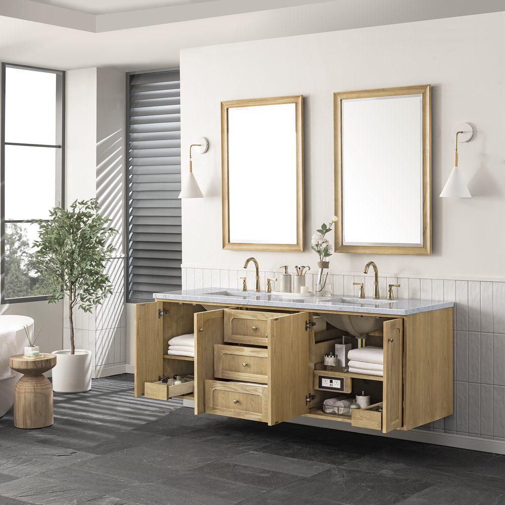 James Martin - Laurent 72" Double Vanity, Light Natural Oak w/ 3 CM Carrara Marble Top - 545-V72-LNO-3CAR view 8