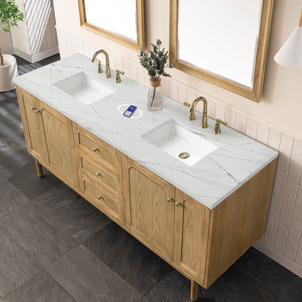 James Martin - Laurent 72" Double Vanity, Light Natural Oak w/ 3 CM Ethereal Noctis Top w/FreePower Wireless Charger - 545-V72-LNO-FENC view 10