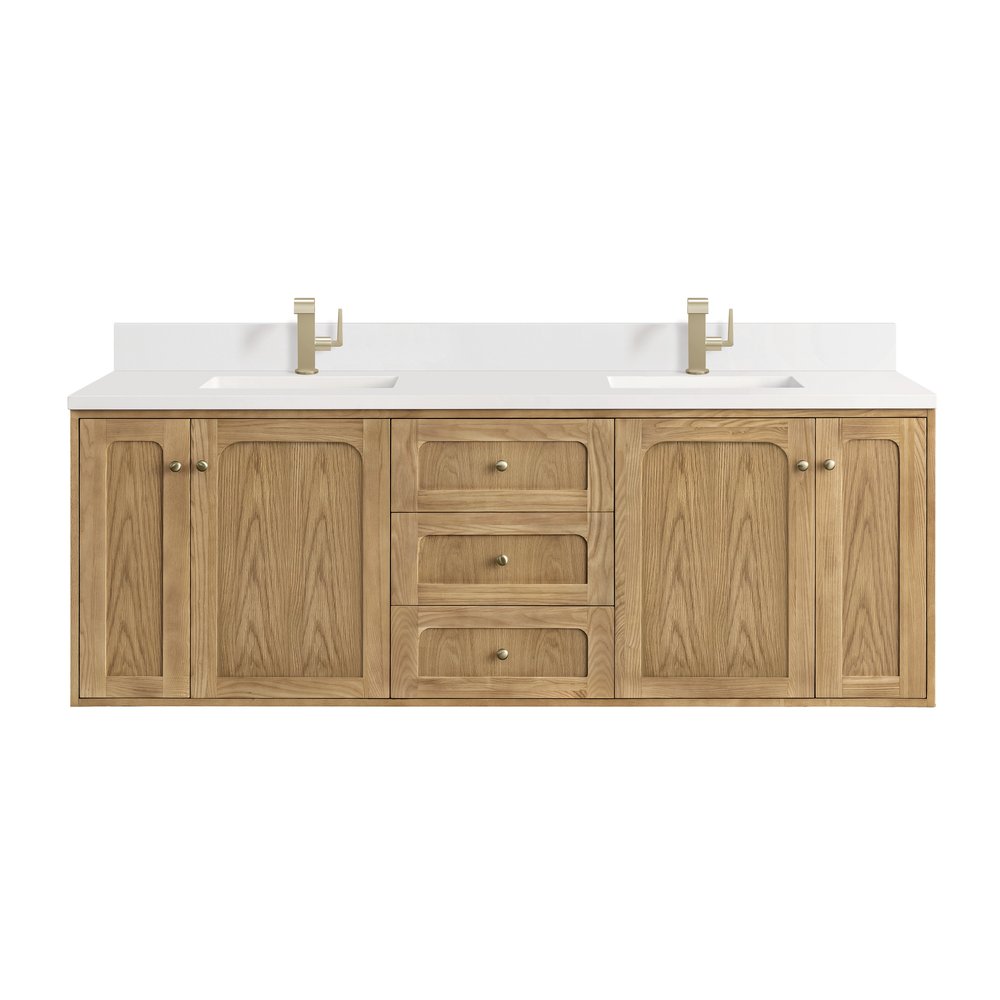 James Martin - Laurent 72" Double Vanity, Light Natural Oak w/ Single Hole 3 CM White Zeus Top & Backsplash - 545-V72-LNO-1WZ view 2