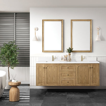 James Martin - Laurent 72" Double Vanity, Light Natural Oak w/ Single Hole 3 CM White Zeus Top & Backsplash - 545-V72-LNO-1WZ view 3