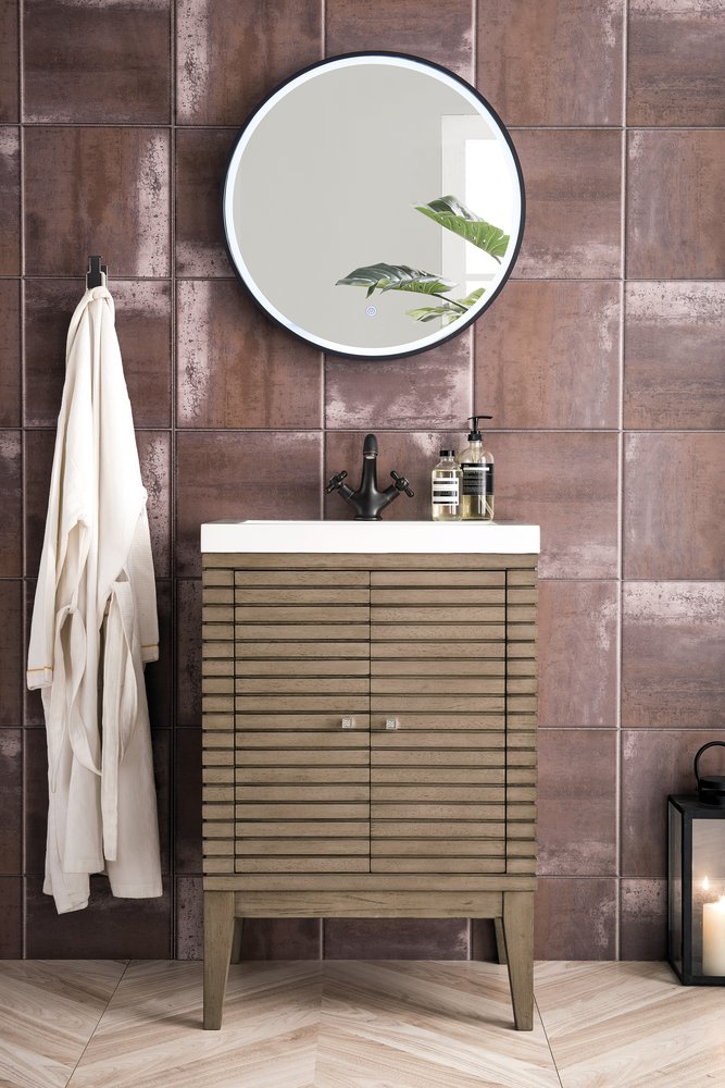 James Martin - Linden 24" Single Vanity, Whitewashed Walnut w/ White Glossy Composite Stone Top - E213V24WWWWG view 2