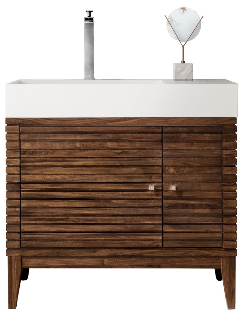 James Martin - Linear 36" Single Vanity, Mid-Century Walnut w/ Glossy White Composite Stone Top - 210-V36-WLT-GW view 1