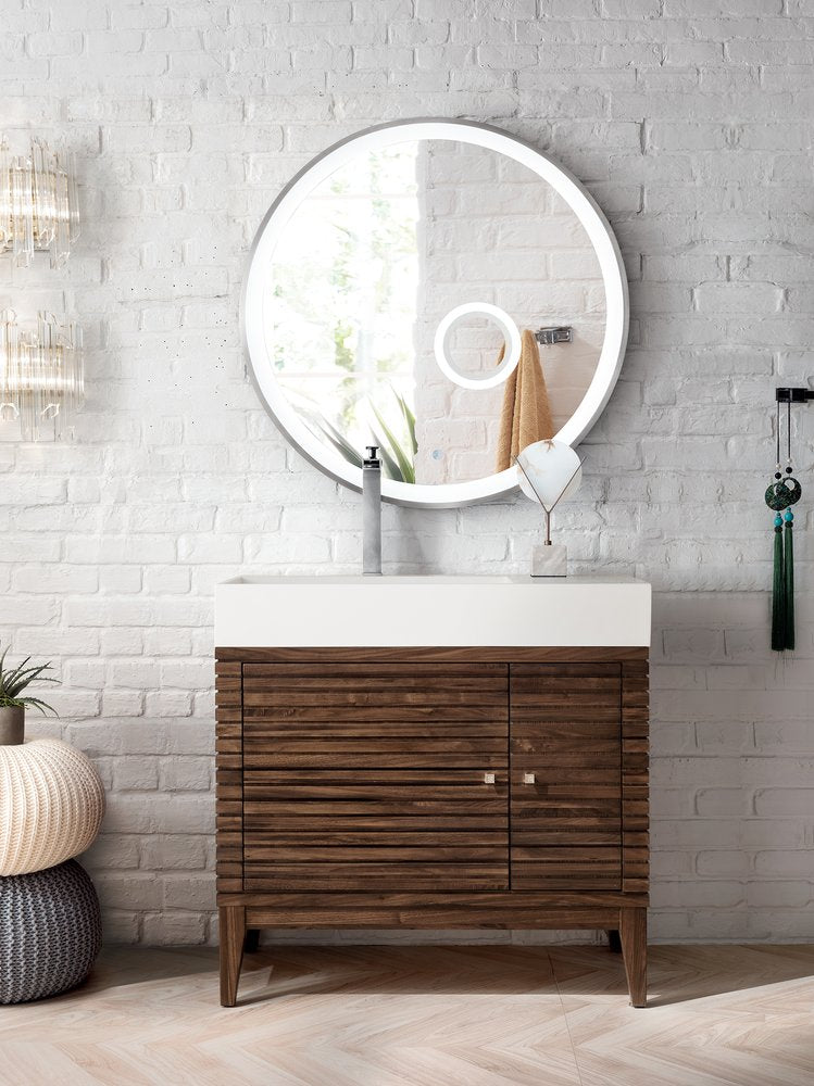 James Martin - Linear 36" Single Vanity, Mid-Century Walnut w/ Glossy White Composite Stone Top - 210-V36-WLT-GW view 2