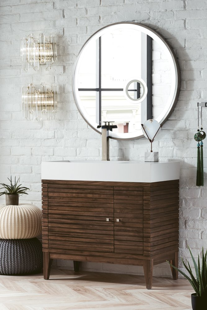 James Martin - Linear 36" Single Vanity, Mid-Century Walnut w/ Glossy White Composite Stone Top - 210-V36-WLT-GW view 3