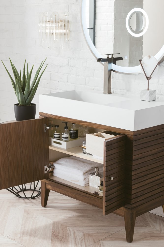James Martin - Linear 36" Single Vanity, Mid-Century Walnut w/ Glossy White Composite Stone Top - 210-V36-WLT-GW view 4