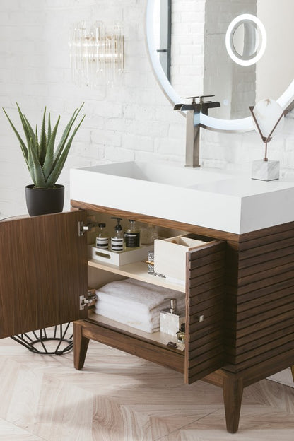 James Martin - Linear 36" Single Vanity, Mid-Century Walnut w/ Glossy White Composite Stone Top - 210-V36-WLT-GW view 4