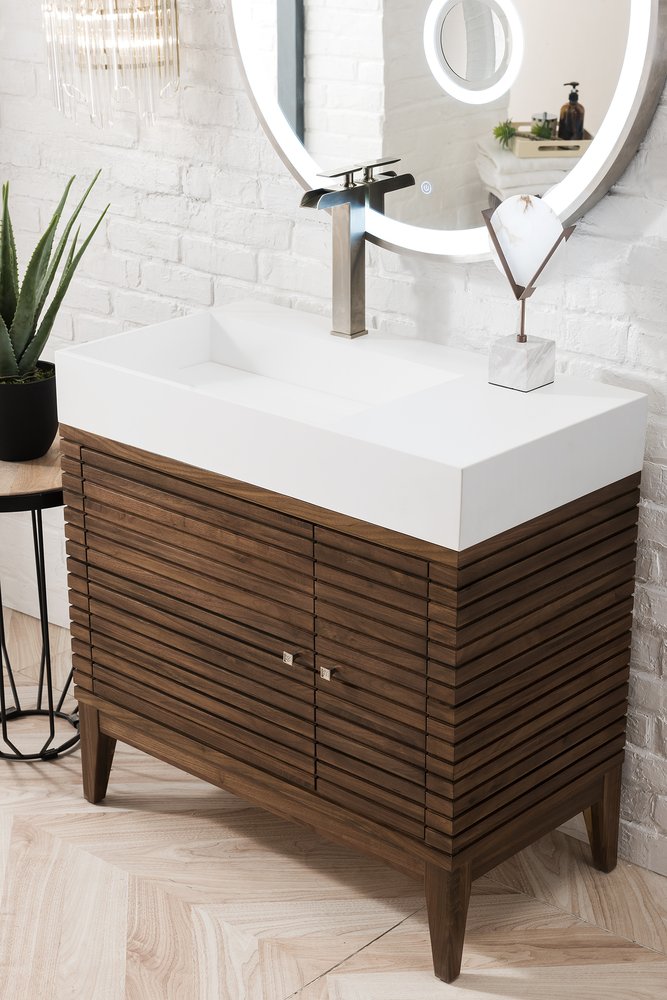 James Martin - Linear 36" Single Vanity, Mid-Century Walnut w/ Glossy White Composite Stone Top - 210-V36-WLT-GW view 5