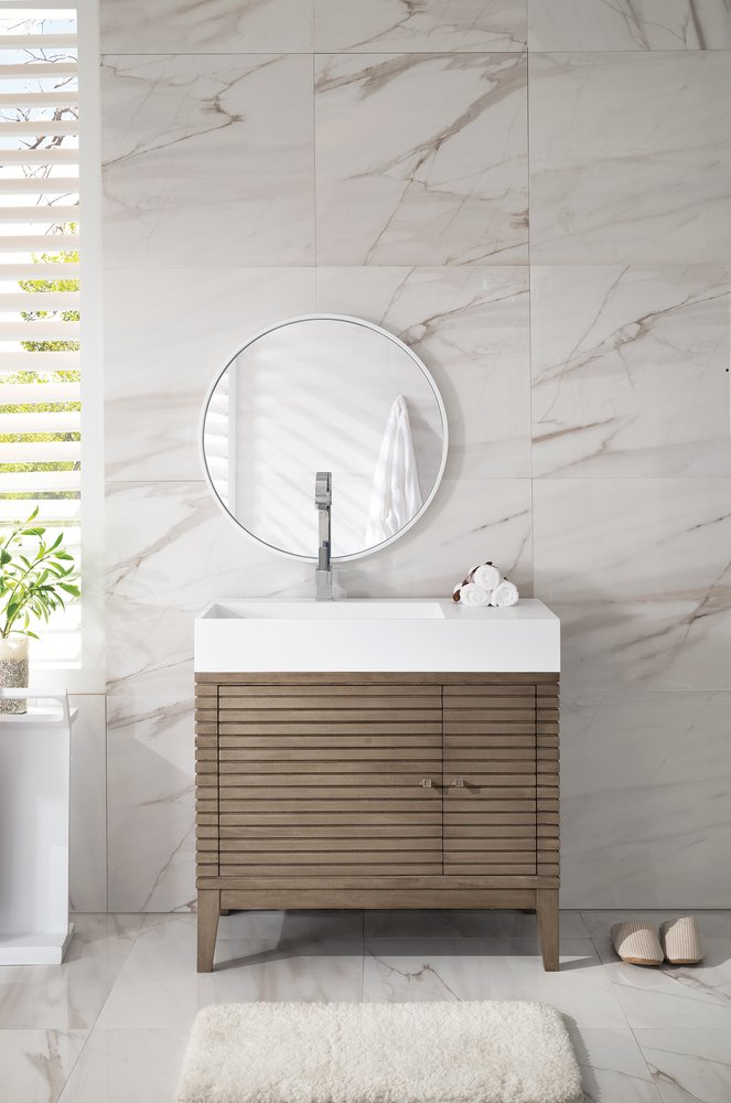 James Martin - Linear 36" Single Vanity, Whitewashed Walnut w/ Glossy White Composite Stone Top - 210-V36-WW-GW view 2