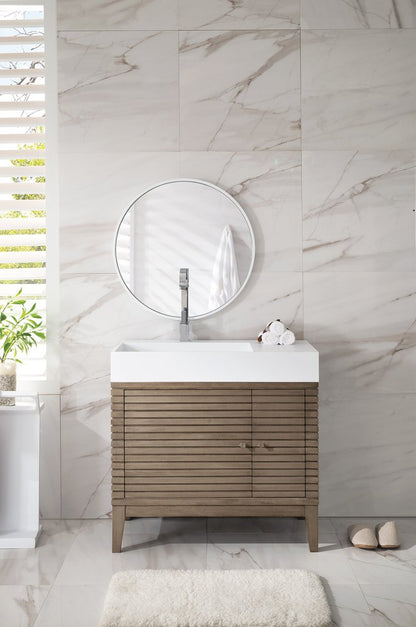James Martin - Linear 36" Single Vanity, Whitewashed Walnut w/ Glossy White Composite Stone Top - 210-V36-WW-GW view 2