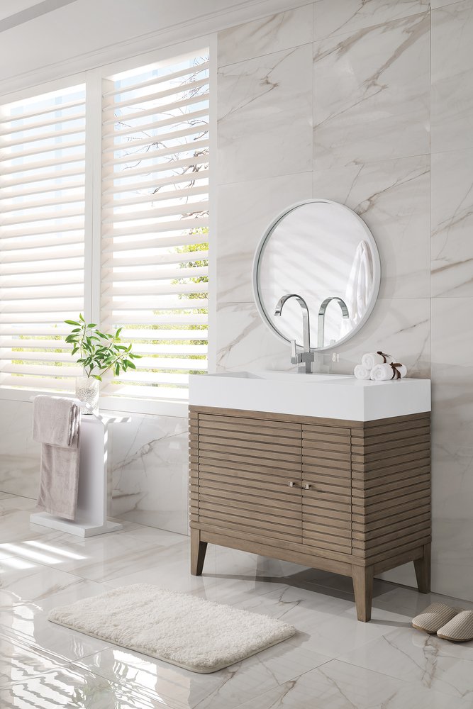 James Martin - Linear 36" Single Vanity, Whitewashed Walnut w/ Glossy White Composite Stone Top - 210-V36-WW-GW view 3