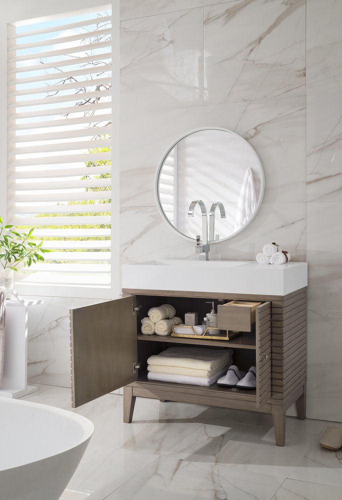 James Martin - Linear 36" Single Vanity, Whitewashed Walnut w/ Glossy White Composite Stone Top - 210-V36-WW-GW view 4