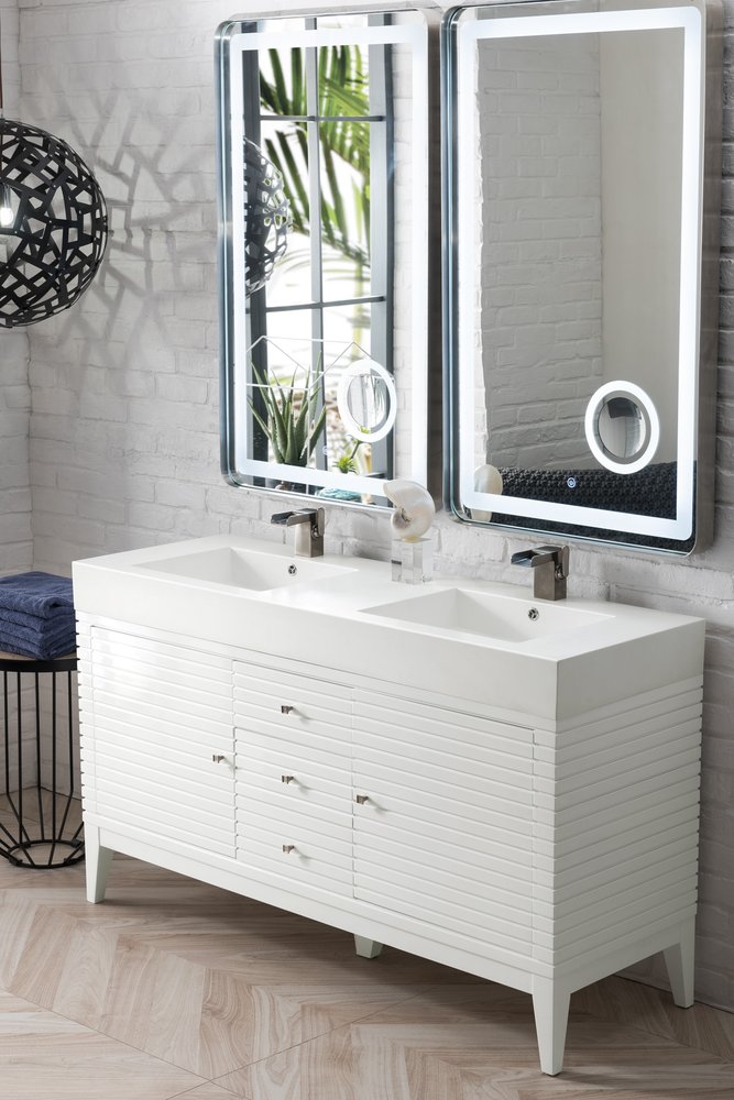 James Martin - Linear 59" Double Vanity, Glossy White w/ Glossy White Composite Stone Top - 210-V59D-GW-GW view 3