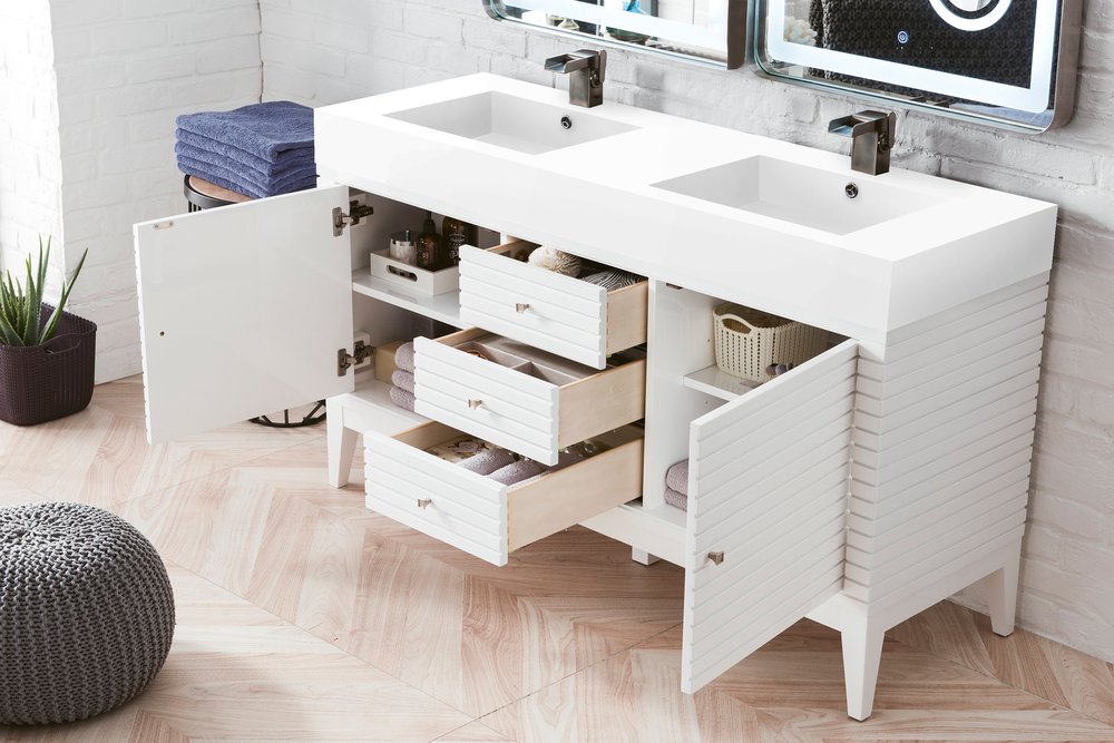 James Martin - Linear 59" Double Vanity, Glossy White w/ Glossy White Composite Stone Top - 210-V59D-GW-GW view 4
