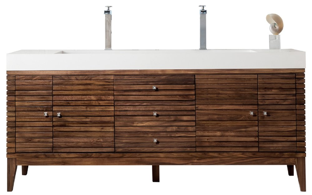 James Martin - Linear 72" Double Vanity, Mid-Century Walnut w/ Glossy White Composite Stone Top - 210-V72D-WLT-GW view 1