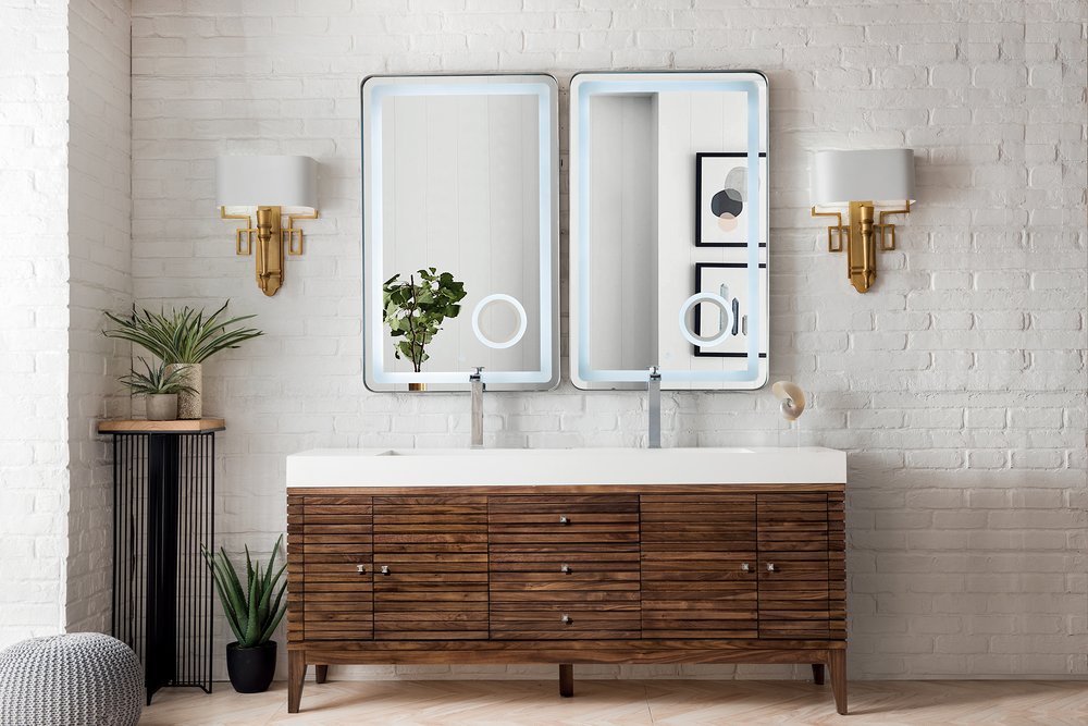 James Martin - Linear 72" Double Vanity, Mid-Century Walnut w/ Glossy White Composite Stone Top - 210-V72D-WLT-GW view 2