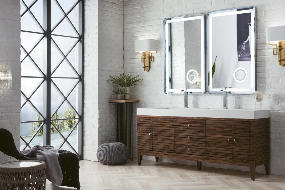 James Martin - Linear 72" Double Vanity, Mid-Century Walnut w/ Glossy White Composite Stone Top - 210-V72D-WLT-GW view 3