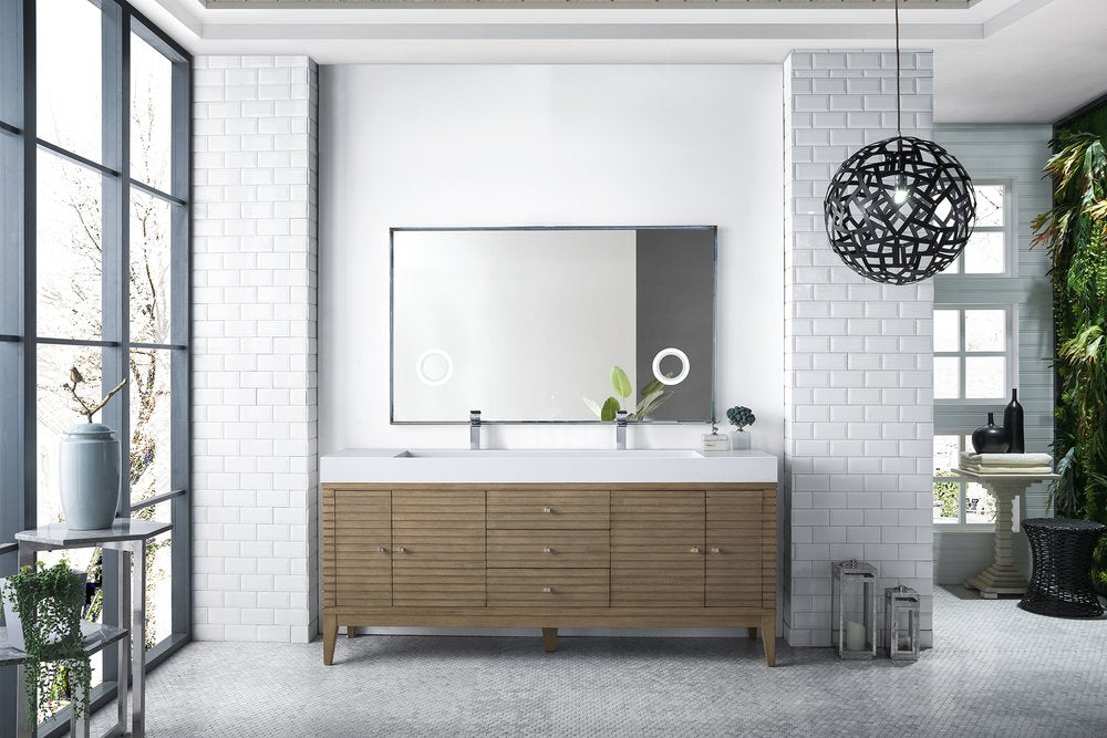 James Martin - Linear 72" Double Vanity Whitewashed Walnut w/ Glossy White Composite Stone Top - 210-V72D-WW-GW view 2