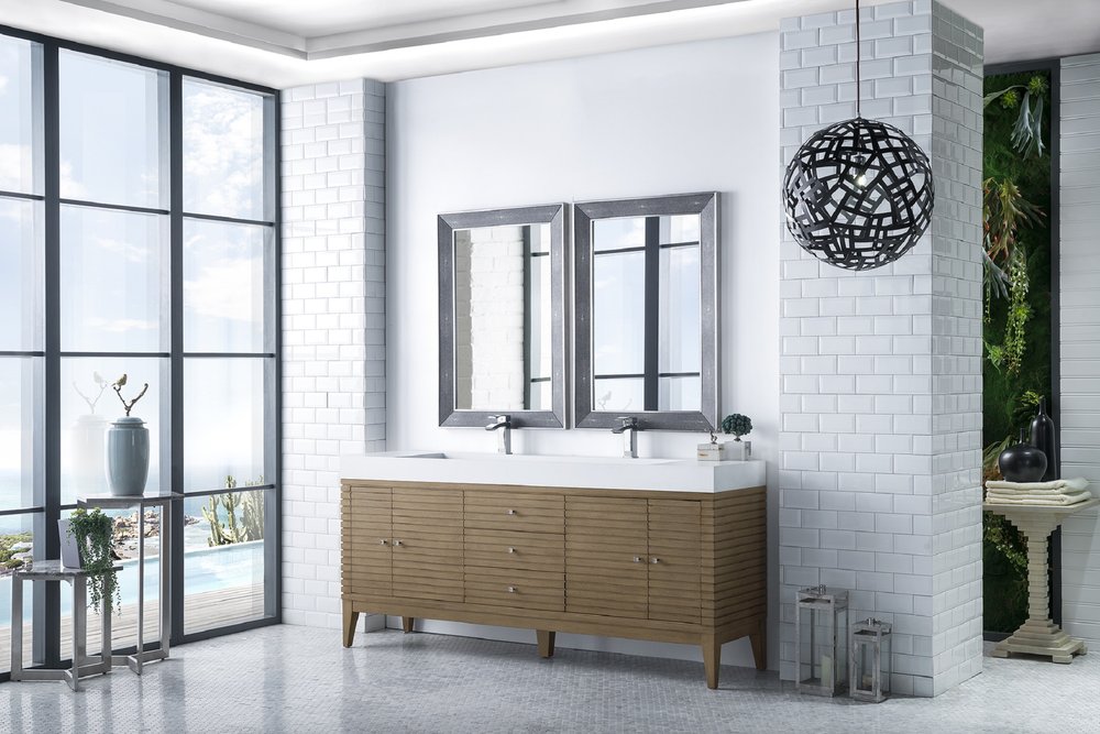 James Martin - Linear 72" Double Vanity Whitewashed Walnut w/ Glossy White Composite Stone Top - 210-V72D-WW-GW view 3