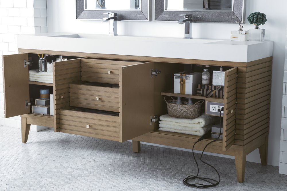 James Martin - Linear 72" Double Vanity Whitewashed Walnut w/ Glossy White Composite Stone Top - 210-V72D-WW-GW view 4