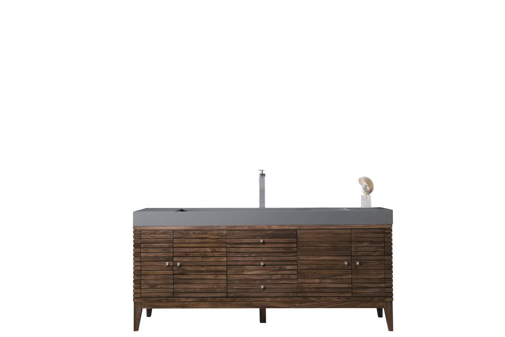 James Martin - Linear 72" Single Vanity, Mid-Century Walnut w/ Dusk Grey Glossy Composite Stone Top - 210-V72S-WLT-DGG view 1