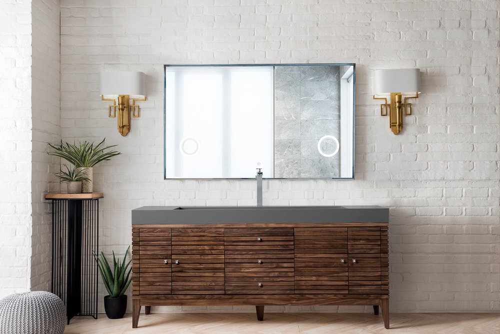James Martin - Linear 72" Single Vanity, Mid-Century Walnut w/ Dusk Grey Glossy Composite Stone Top - 210-V72S-WLT-DGG view 2