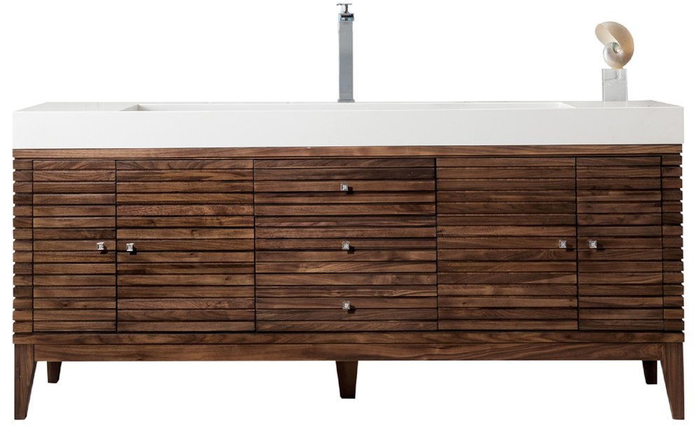 James Martin - Linear 72" Single Vanity, Mid-Century Walnut w/ Glossy White Composite Stone Top - 210-V72S-WLT-GW view 1