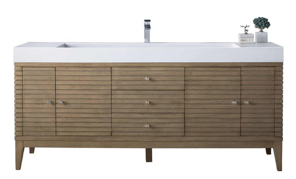 James Martin - Linear 72" Single Vanity Whitewashed Walnut w/ Glossy White Composite Stone Top - 210-V72S-WW-GW view 1