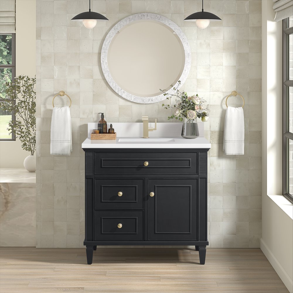 James Martin - Lorelai 36" Single Vanity, Black Onyx w/ Single Hole 3 CM White Zeus Silestone Top & Backsplash - 424-V36-BKO-1WZ view 2