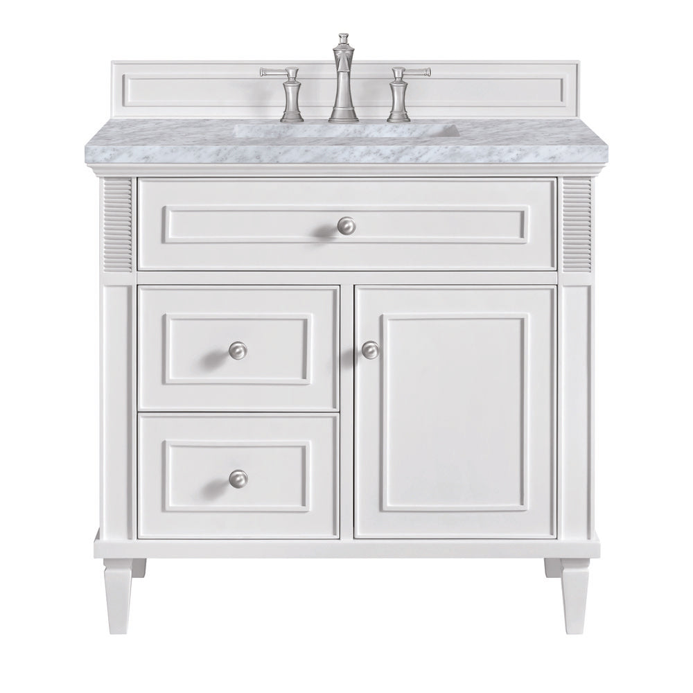 James Martin - Lorelai 36" Single Vanity, Bright White w/ 3 CM Carrara White Marble Top - 424-V36-BW-3CAR view 1