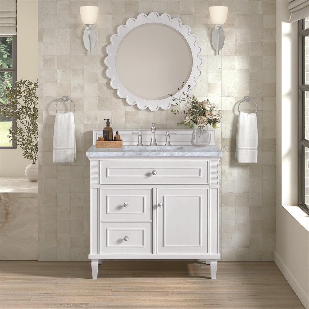 James Martin - Lorelai 36" Single Vanity, Bright White w/ 3 CM Carrara White Marble Top - 424-V36-BW-3CAR view 3