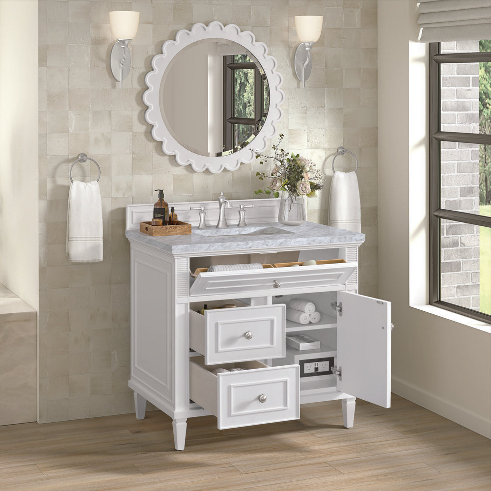 James Martin - Lorelai 36" Single Vanity, Bright White w/ 3 CM Carrara White Marble Top - 424-V36-BW-3CAR view 5