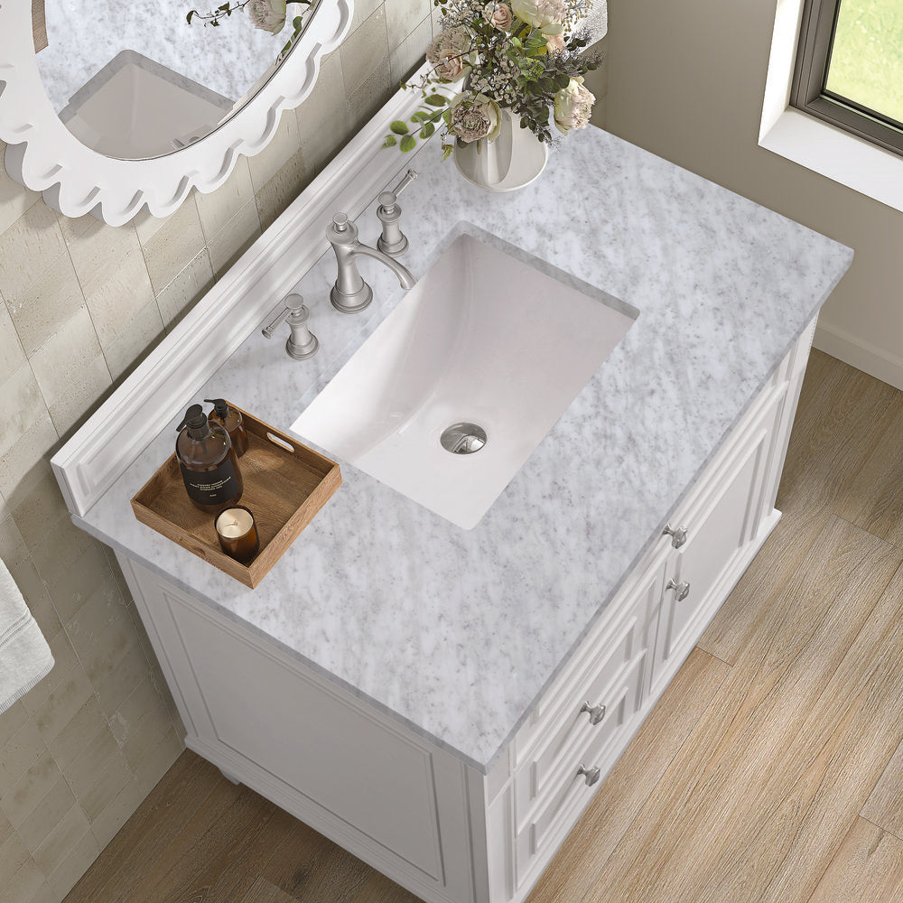 James Martin - Lorelai 36" Single Vanity, Bright White w/ 3 CM Carrara White Marble Top - 424-V36-BW-3CAR view 7
