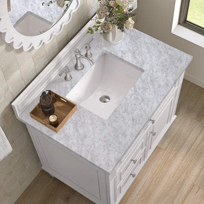 James Martin - Lorelai 36" Single Vanity, Bright White w/ 3 CM Carrara White Marble Top - 424-V36-BW-3CAR view 7