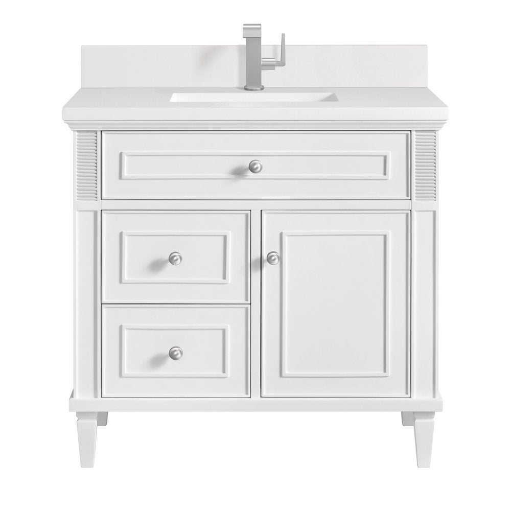 James Martin - Lorelai 36" Single Vanity, Bright White w/ Single Hole 3 CM White Zeus Silestone Top & Backsplash - 424-V36-BW-1WZ view 1
