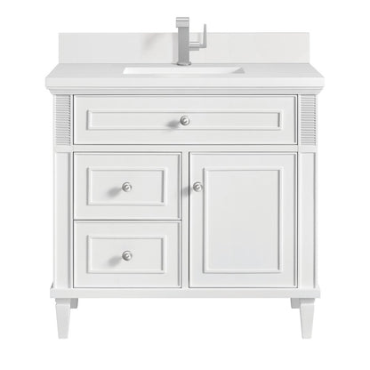James Martin - Lorelai 36" Single Vanity, Bright White w/ Single Hole 3 CM White Zeus Silestone Top & Backsplash - 424-V36-BW-1WZ view 1