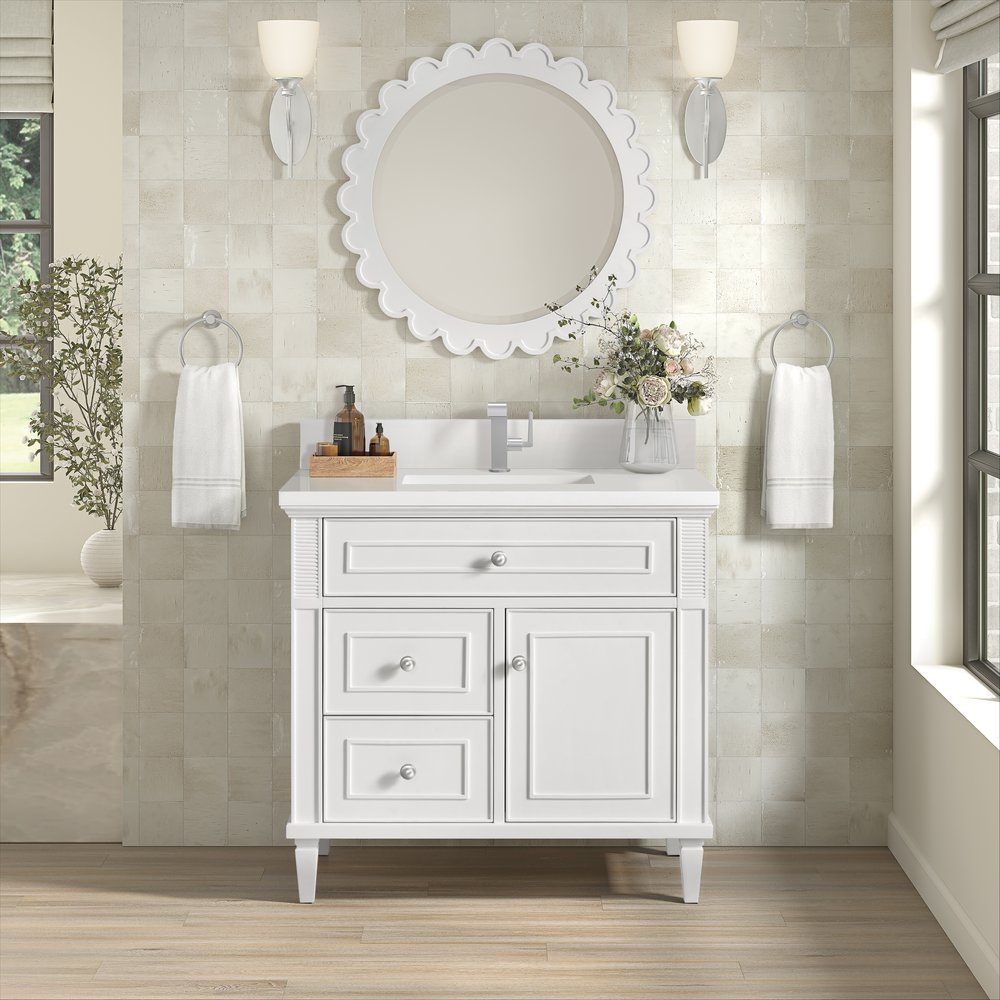 James Martin - Lorelai 36" Single Vanity, Bright White w/ Single Hole 3 CM White Zeus Silestone Top & Backsplash - 424-V36-BW-1WZ view 2