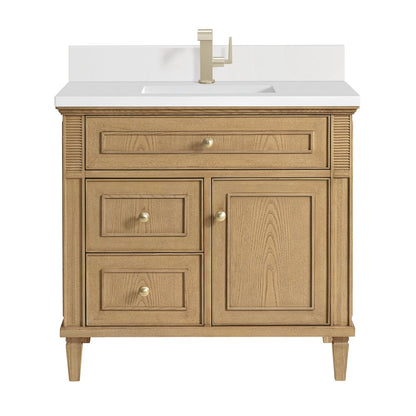 James Martin - Lorelai 36" Single Vanity, Light Natural Oak w/ Single Hole 3 CM White Zeus Silestone Top & Backsplash - 424-V36-LNO-1WZ view 1