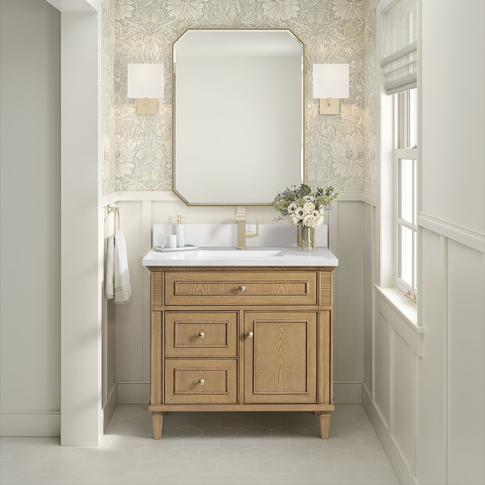 James Martin - Lorelai 36" Single Vanity, Light Natural Oak w/ Single Hole 3 CM White Zeus Silestone Top & Backsplash - 424-V36-LNO-1WZ view 2