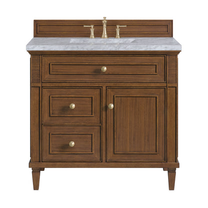 James Martin - Lorelai 36" Single Vanity, Mid-Century Walnut w/ 3 CM Carrara White Marble Top - 424-V36-WLT-3CAR view 1