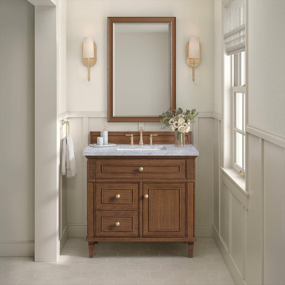 James Martin - Lorelai 36" Single Vanity, Mid-Century Walnut w/ 3 CM Carrara White Marble Top - 424-V36-WLT-3CAR view 4