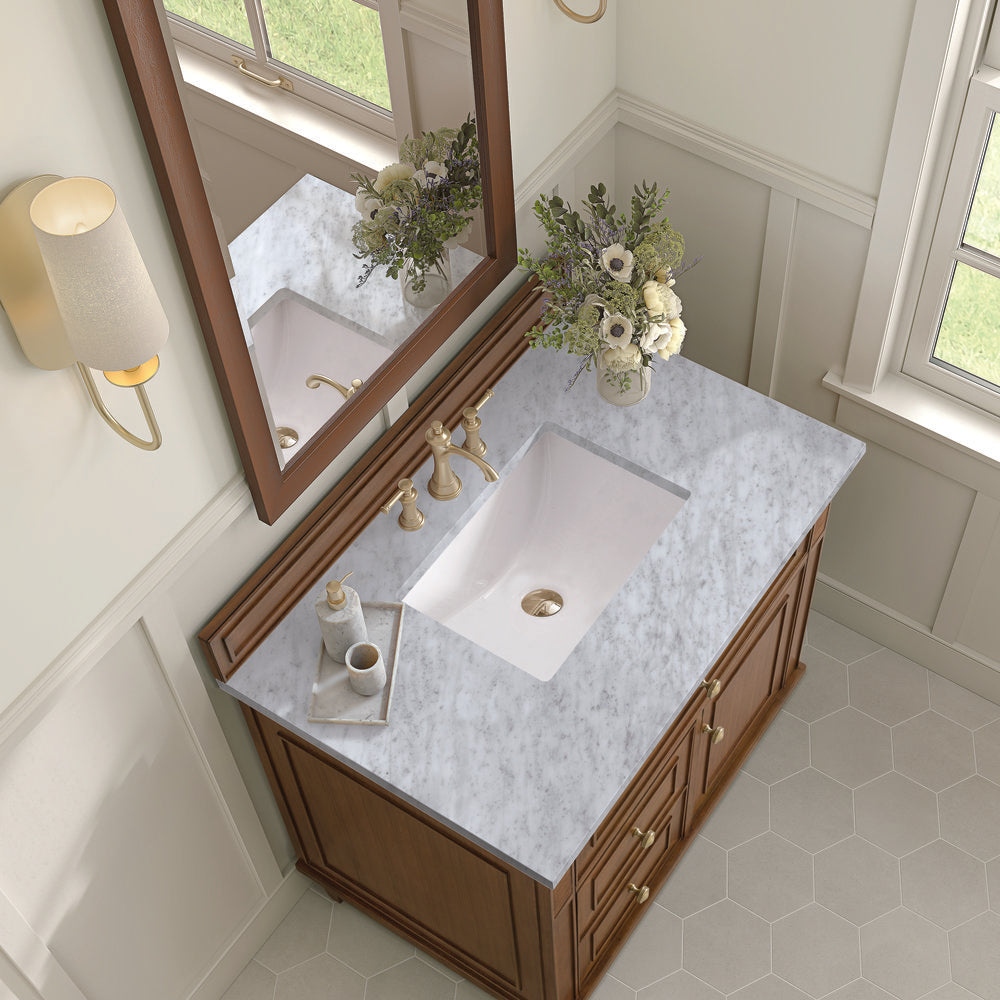 James Martin - Lorelai 36" Single Vanity, Mid-Century Walnut w/ 3 CM Carrara White Marble Top - 424-V36-WLT-3CAR view 8
