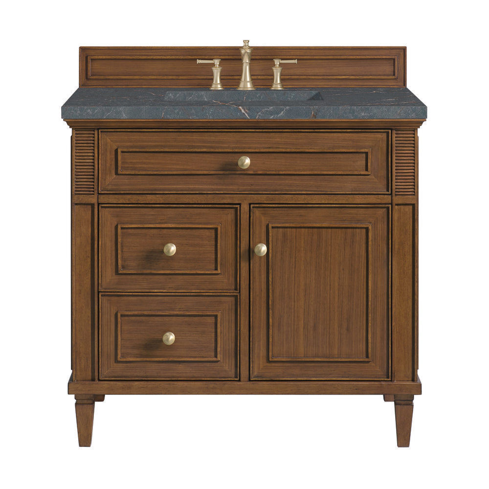 James Martin - Lorelai 36" Single Vanity, Mid-Century Walnut w/ 3 CM Parisien Bleu Silestone Top - 424-V36-WLT-3PBL view 1