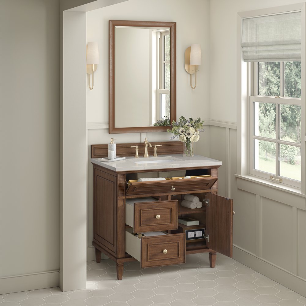James Martin - Lorelai 36" Single Vanity, Mid-Century Walnut, w/ 3 CM Siberian Silestone Top - 424-V36-WLT-3SFR view 6