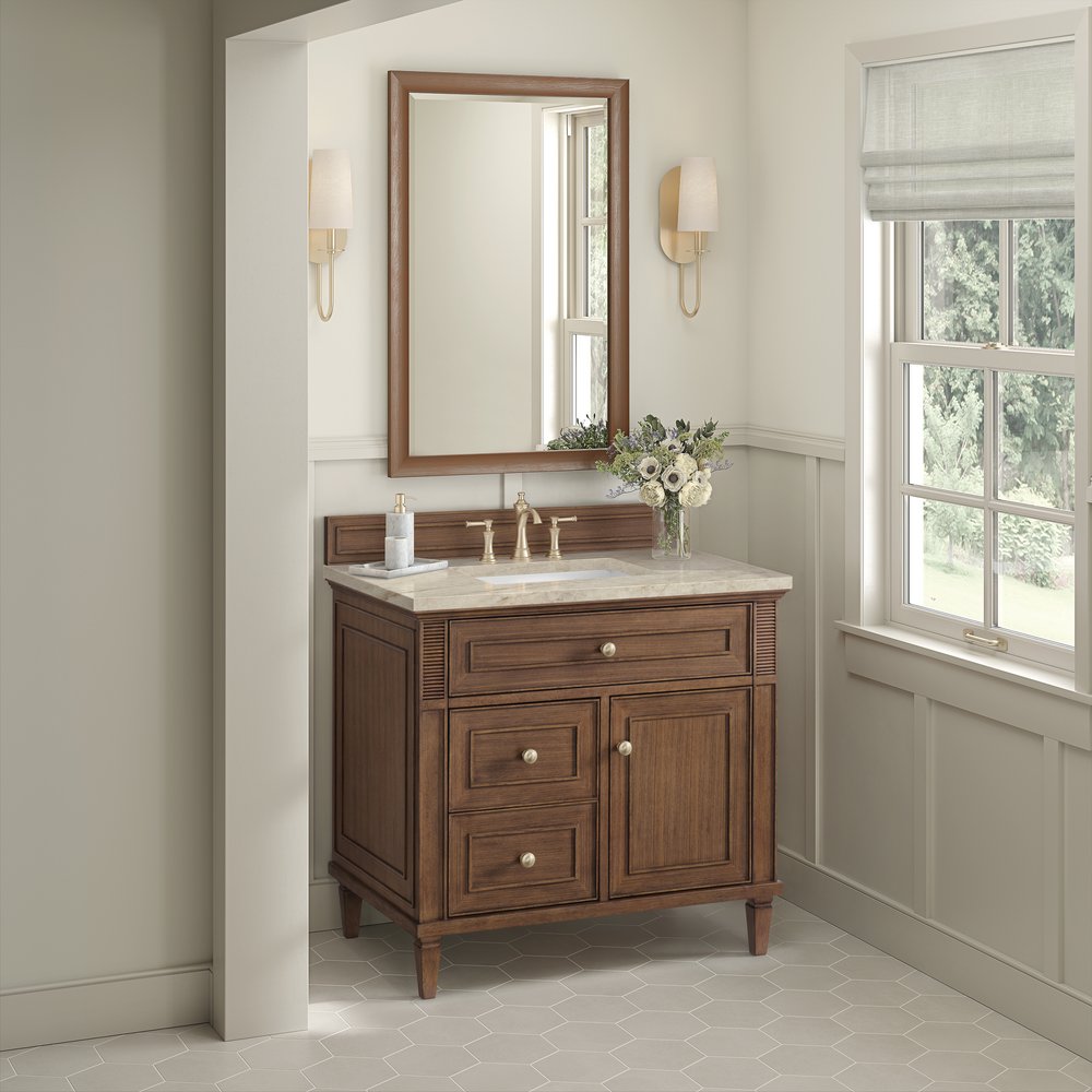 James Martin - Lorelai 36" Single Vanity, Mid-Century Walnut, w/ 3 CM Tajnar Eclos Top - 424-V36-WLT-3TJR view 5