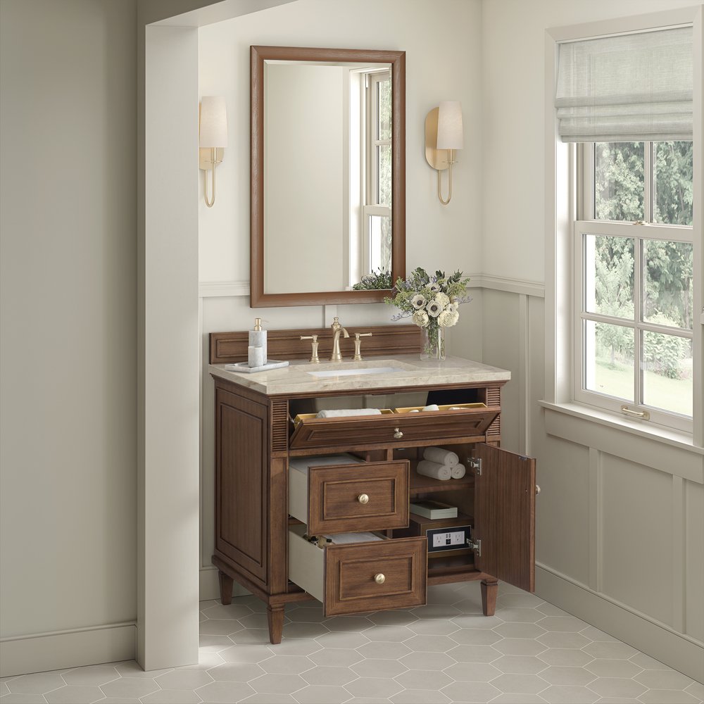 James Martin - Lorelai 36" Single Vanity, Mid-Century Walnut, w/ 3 CM Tajnar Eclos Top - 424-V36-WLT-3TJR view 6
