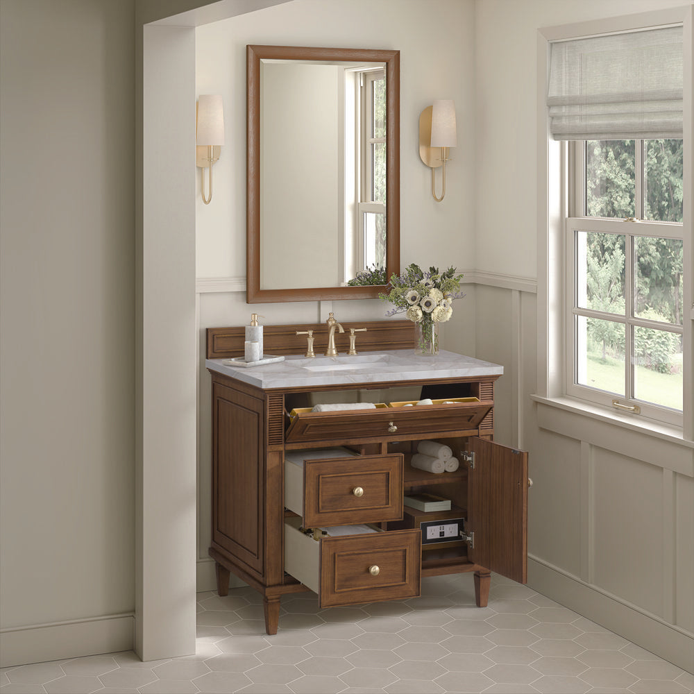 James Martin - Lorelai 36" Single Vanity, Mid-Century Walnut w/ 3 CM Victorian Silver Silestone Top - 424-V36-WLT-3VSL view 6