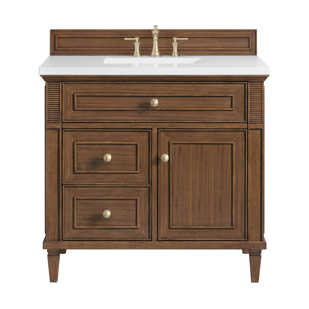 James Martin - Lorelai 36" Single Vanity, Mid-Century Walnut w/ 3 CM White Zeus Silestone Top - 424-V36-WLT-3WZ view 1
